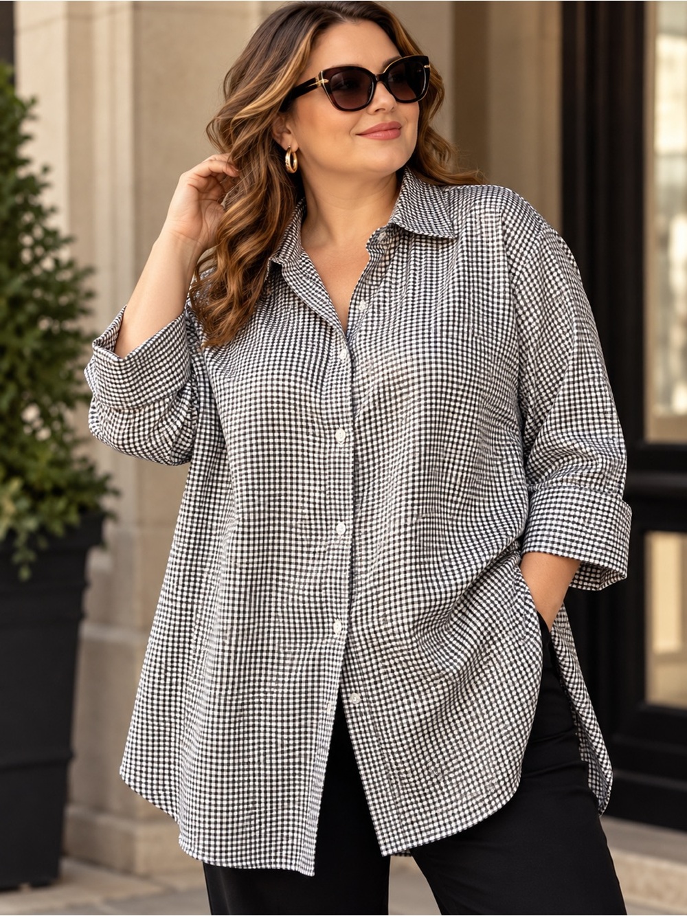 Kasper Womens 2X Black White Cotton Shimmer Check Button Down Tunic Shirt Plus